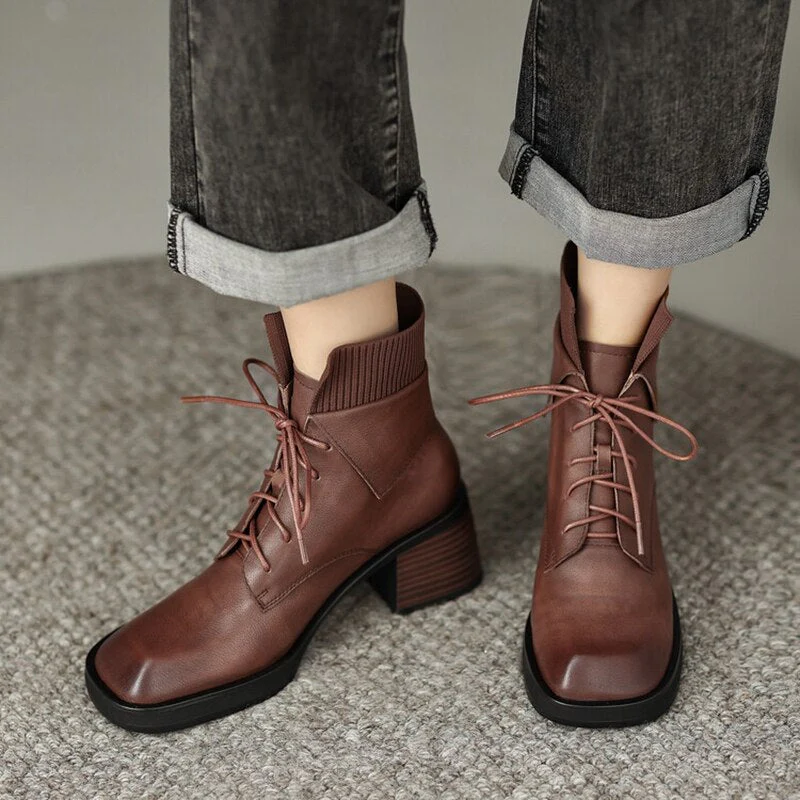 deanwangkt  Autumn Shoes   NEW Fall Shoes Women Genuine Leather Ankle Boots Round Toe Chunky Shoes for Women Winter Thick Heel Boots Lace Up Black Boots - Deanwangkt