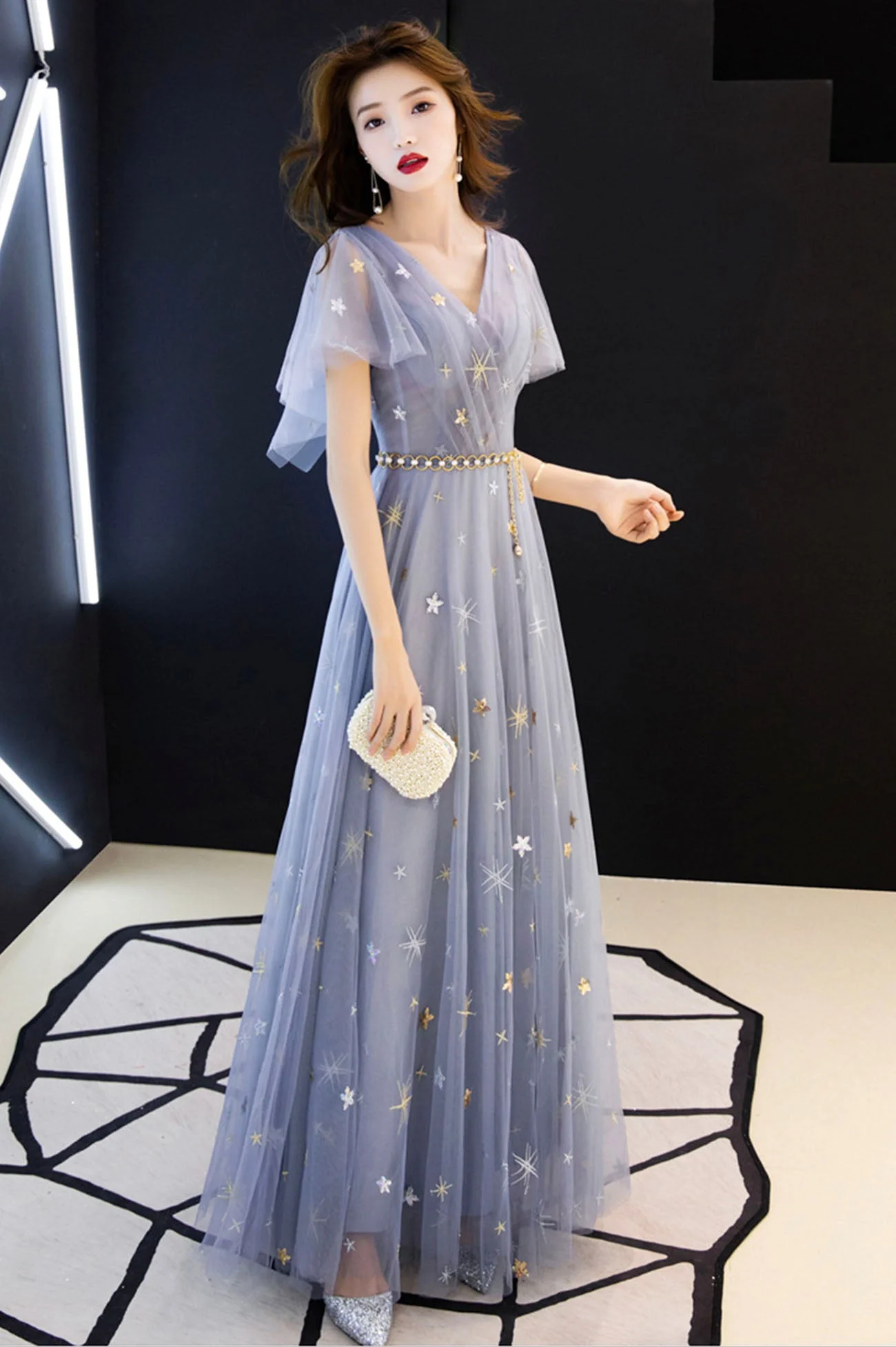 solvbao Blue Tulle Long A-Line Prom Dresses, V-Neck Evening Dresses - Deanwangkt