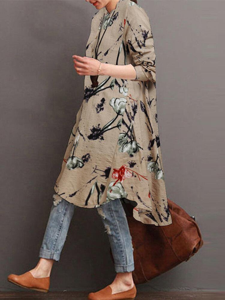 deanwangkt Women Floral Print Button Front High Low Hem Long Sleeve Midi Shirt Dress - Deanwangkt