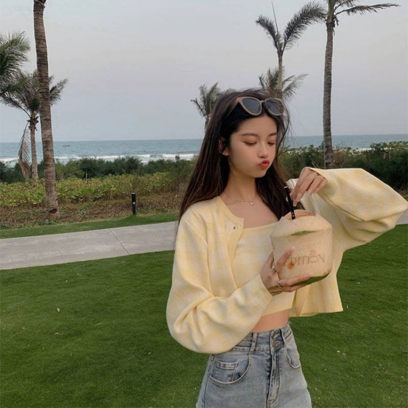 deanwangkt Vintage Sweet Plaid Kintted 2 Piece Sets Women Spring Autumn Single Breasted Long Sleeve Sweater Coat+Elastic Slim Sexy Crop Top - Deanwangkt