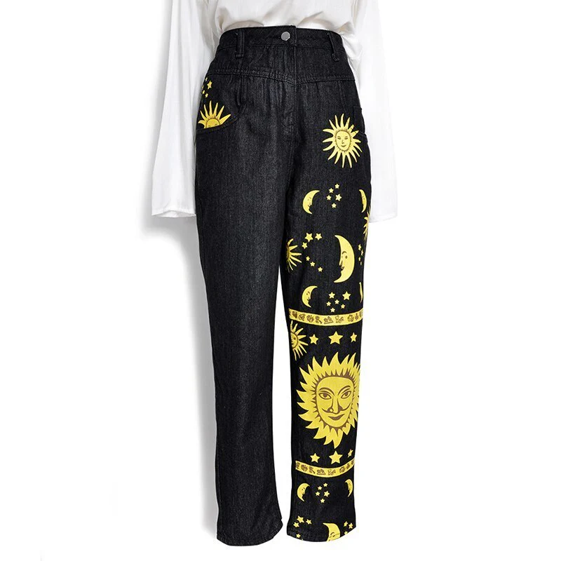 deanwangkt Digital Moon Star Printed Straight Pants Trendy Pants Jeans Fashion Printed Ladies High Waist Young Girls Chic Denim Pants - Deanwangkt