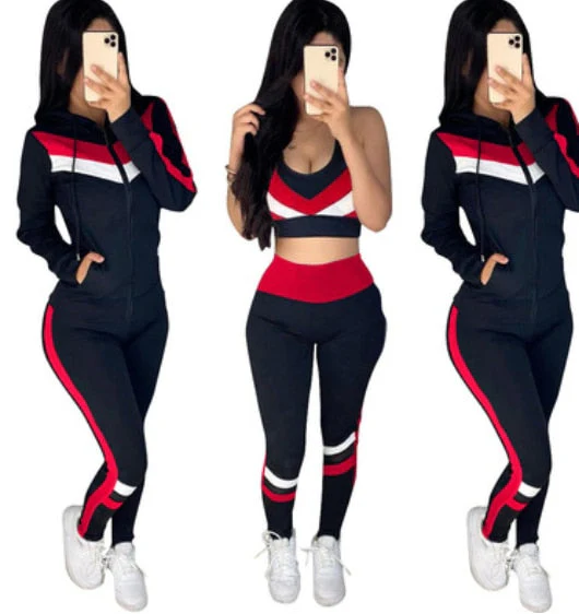 deanwangkt  Colorblock Crop Top & High Waist Pants & Hooded Coat Set Casual Women 3 Piece Set Outfits Sleeve Style Clothing Length Collar - Deanwangkt