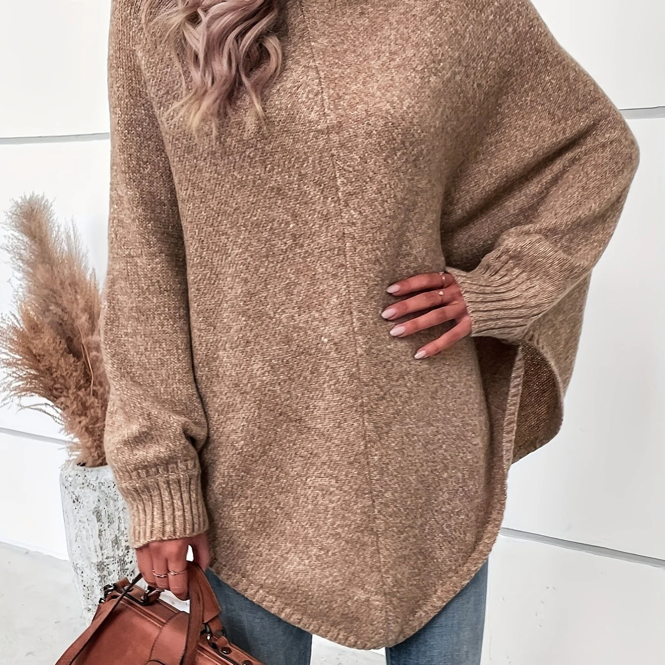 deanwangkt Solid Turtle Neck Pullover Sweater, Casual Batwing Sleeve Asymmetrical Hem Sweater, Women's Clothing - Deanwangkt