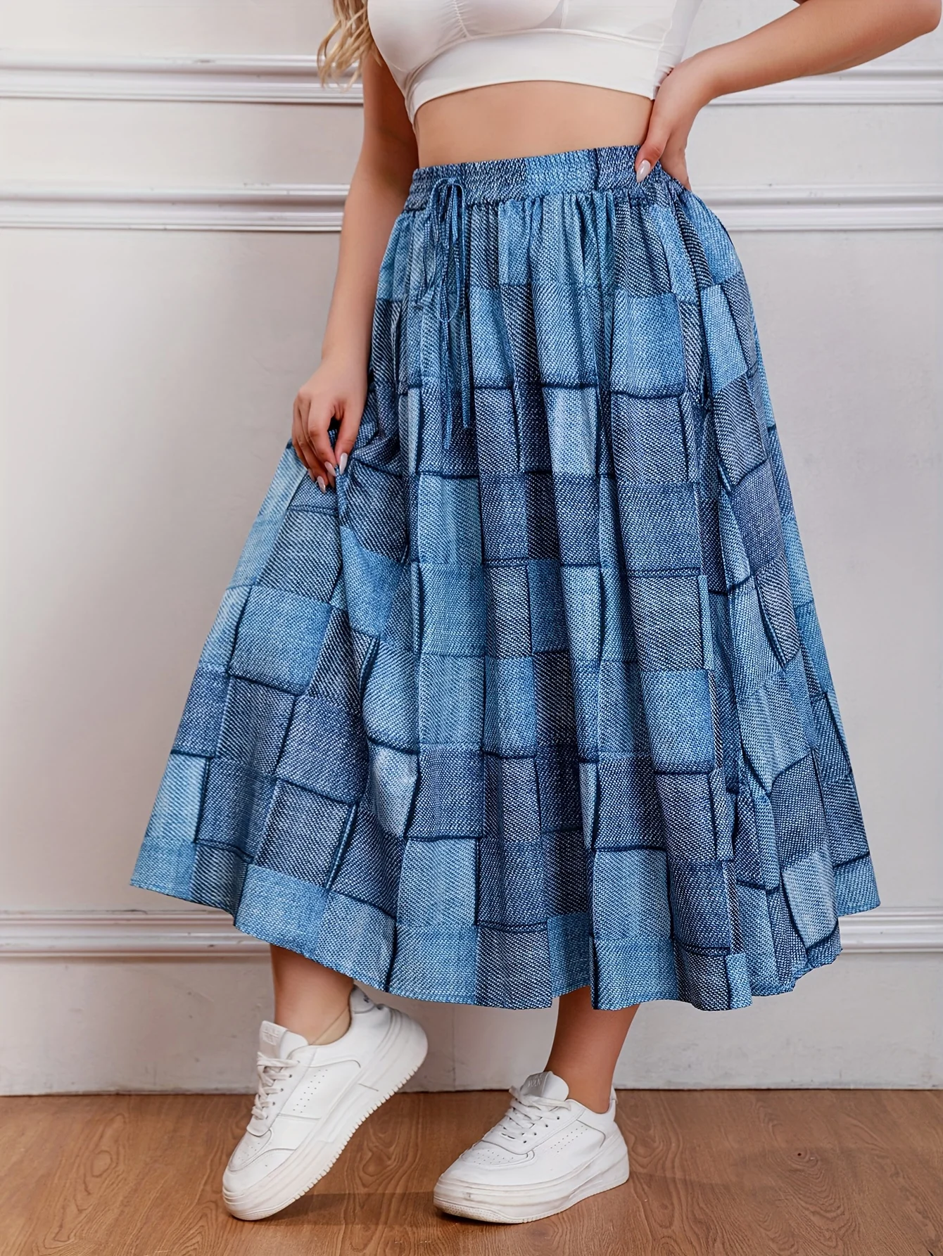Plus Size Casual Skirt, Women's Plus Colorblock Denim Print Drawstring Elastic High Rise Slight Stretch Smock Maxi Skirt - Deanwangkt