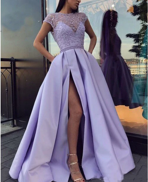 Prom Dresses  with High Slit Satin Lace Beaded Purple Vestidos De Gala Evening Party Dresses Prom Gown Robe De Soiree - Deanwangkt