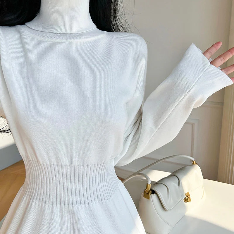 deanwangkt Korean White Fashions High Neck Knitted Warm Sweater Dress Autumn Winter Female Black Classy Retro Slim Waist Long Dress Simple - Deanwangkt