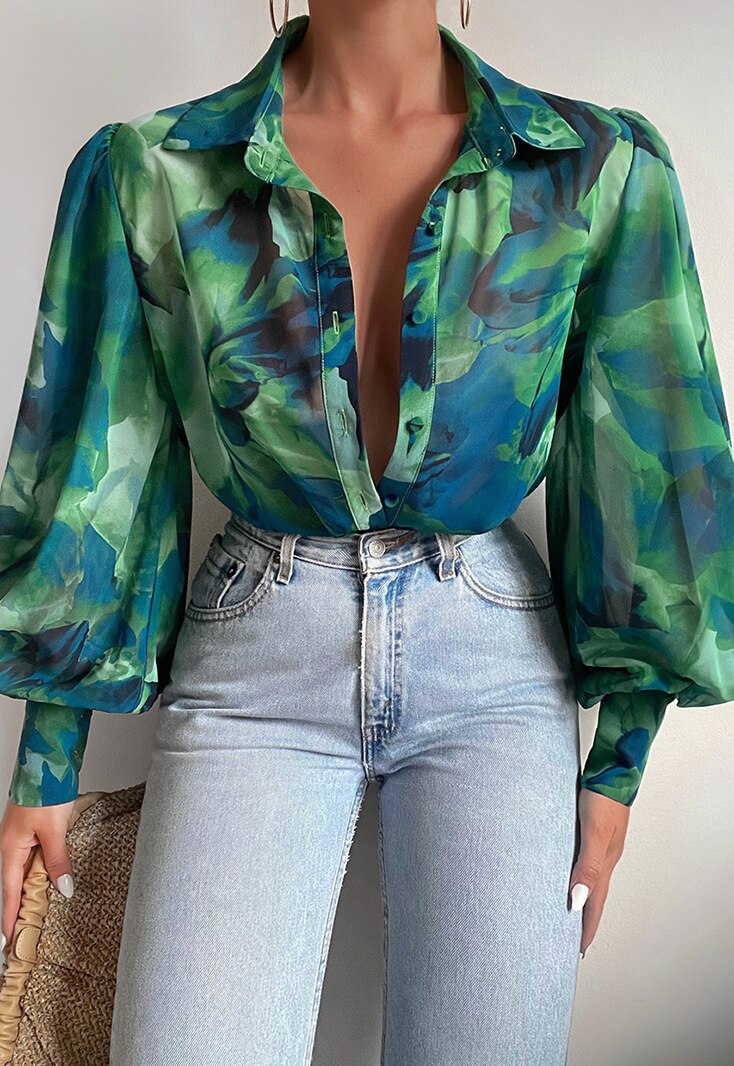deanwangkt Spring Fashion Shirt Women's Blouses Elegant V-neck Print Puff Sleeve Office Shirts Female Summer New Formal Ladies Top - Deanwangkt