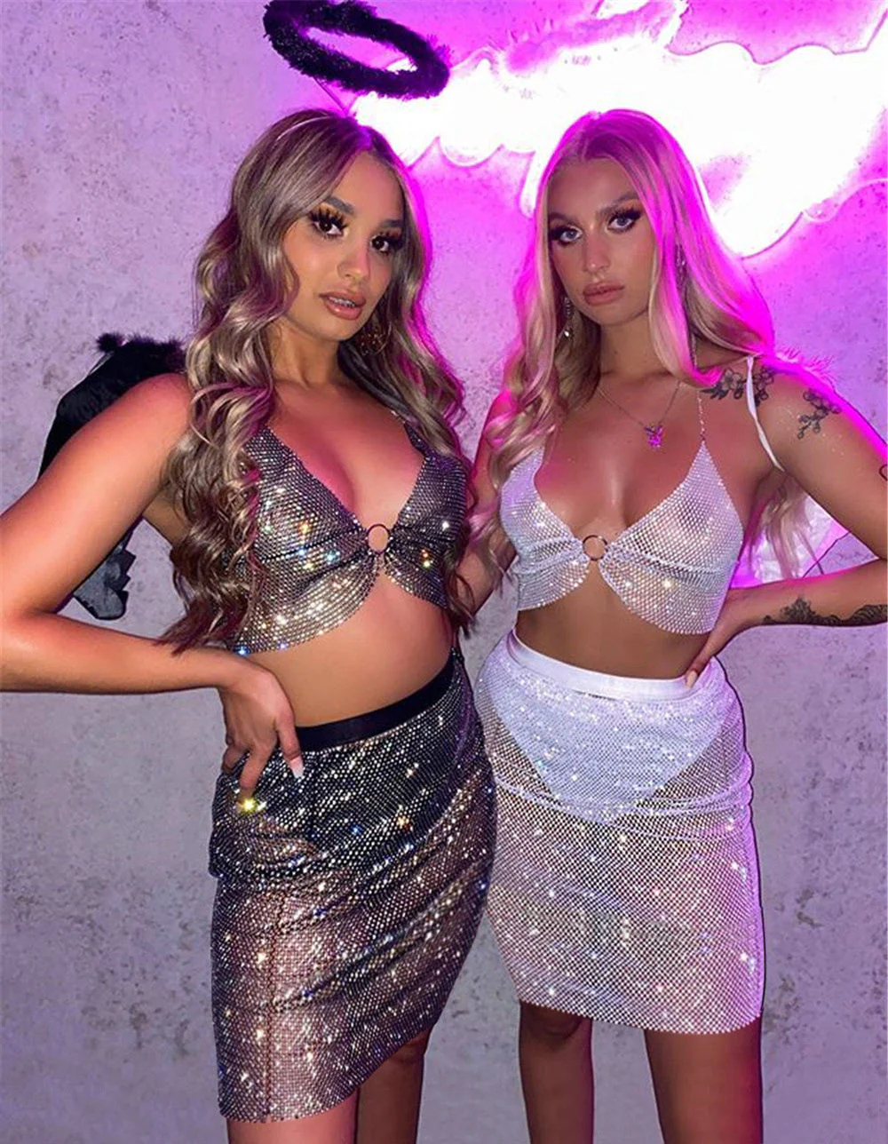 deanwangkt  Sexy Crop Top Women Two Piece Set Festival Beach Club Outfits Party Tank Top T Shirt Woman Halter Rhinestones Tops Summer - Deanwangkt