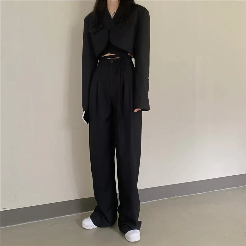 Korean summer Two Piece Set Women Crop Top Sexy Lace-up Blazer Coat + High Waist Pants Suit Sets Streetwear 2 Piece Sets Women - Deanwangkt
