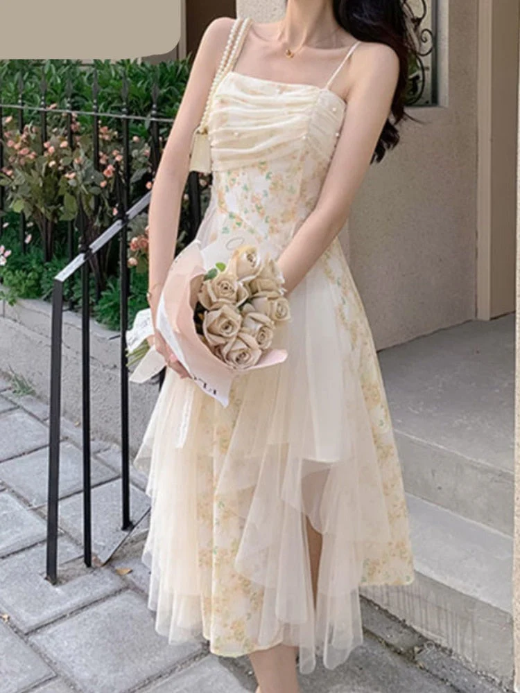 deanwangkt  Women Korean Pearls Ruched Split Fairy Dress Female Irregular Hem Lace Mesh Cute Dress Summer Lace Floral Sweet Midi Dress - Deanwangkt