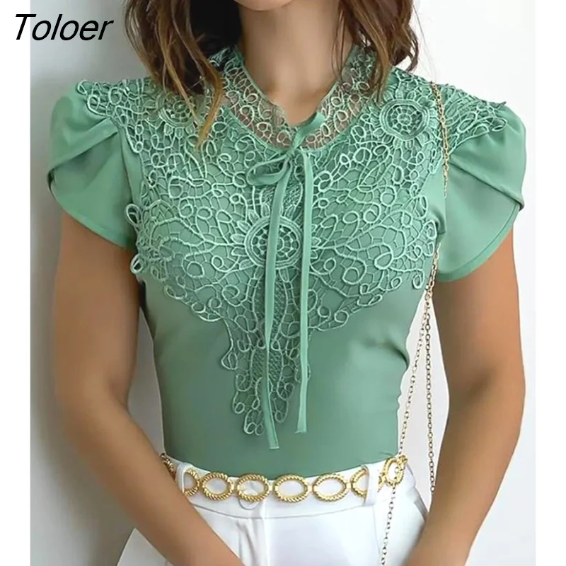 deanwangkt Women Puff Sleeve Top Mint Green Lace Patch Blouse Casual Elegant Short Sleeve T-Shirt All-Match Lady Office Wear Y2K Clothes - Deanwangkt