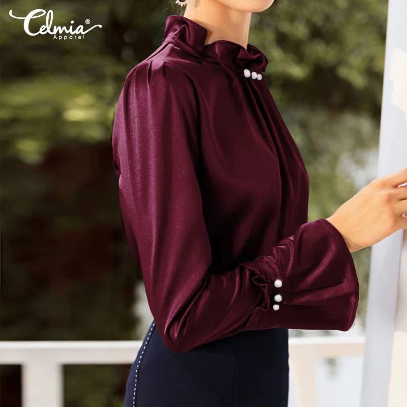 Women Satin Blouses Elegant Long Sleeve Silk Tops  Pearl Stand Collar Female Office Shirts Solid Casual Party Blusas - Deanwangkt