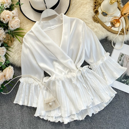 New Women Blouse V-neck Poplin Three Quarter Flare Sleeves Slim Blouse Ladies Casual Flounced Solid Draped Shirt Tops - Deanwangkt