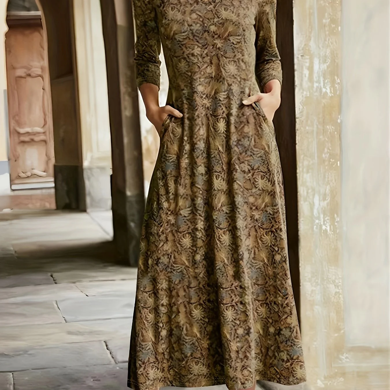 Plus Size Casual Dress, Women's Plus Allover Floral Print Long Sleeve V Neck Dress With Pockets - Deanwangkt