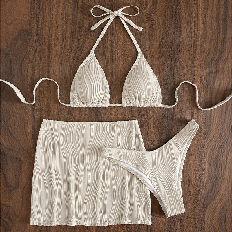 New 3 Pieces Bikini Set Women Sexy Micro Swimsuit With Skirt Striped Swimwear Female Bather Bathing Suit Swim Beachwear - Deanwangkt