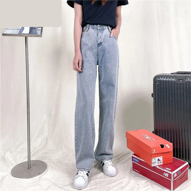deanwangkt High Waisted Jeans For Women Denim Joggers Pants Mom Trousers Lace Up Button Full Length Straight  Fashion Gray - Deanwangkt