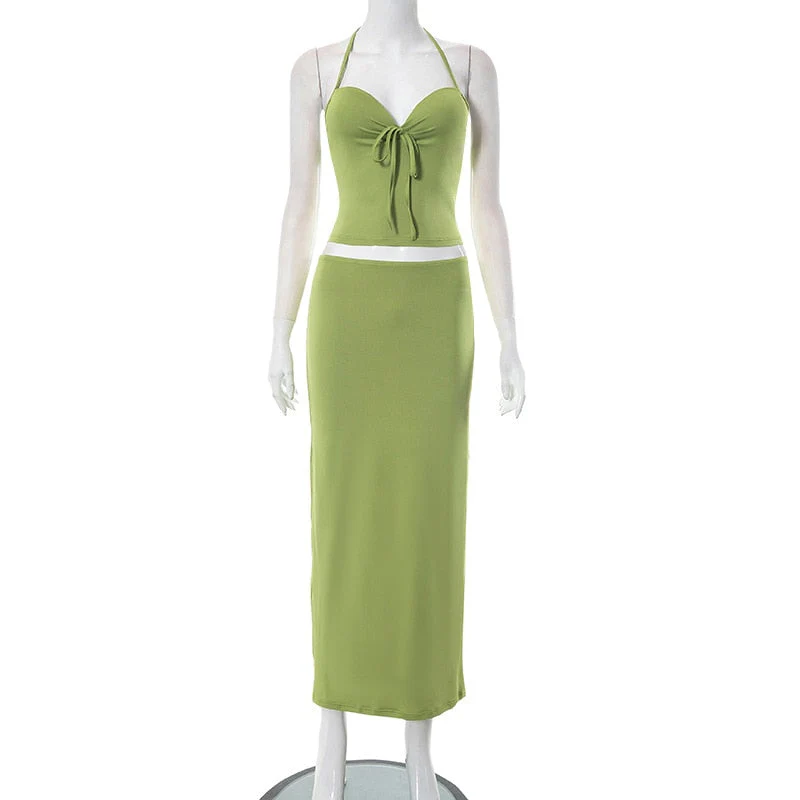 BACK TO COLLEGE    Halter Neck Bandage Cropped Top and High Waist Skirts Two Piece Set Streetwear Fashion Summer Women Green Holiday Dresses - Deanwangkt