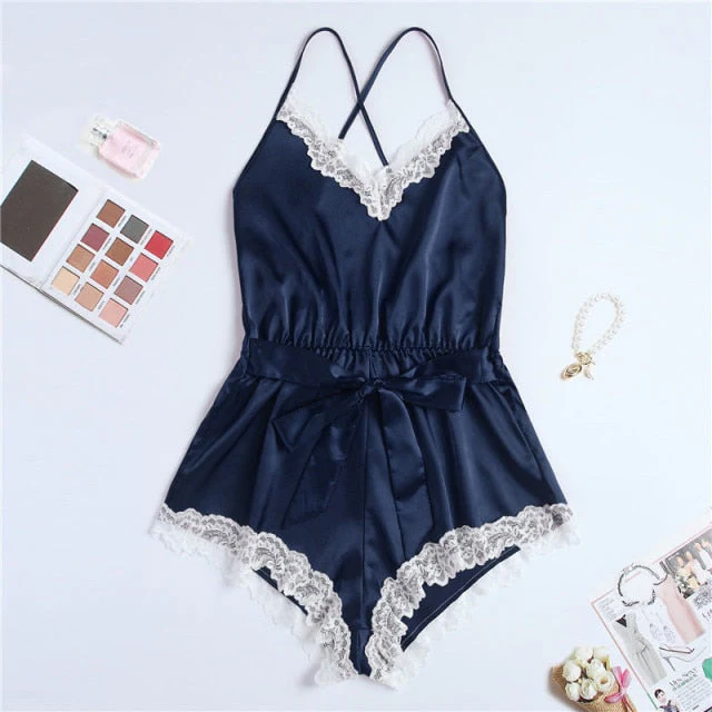 Sexy romper elegant bodysuits satin pajamas belt playsuit casual  holiday body mujer jumpsuits comfy nightdress - Deanwangkt