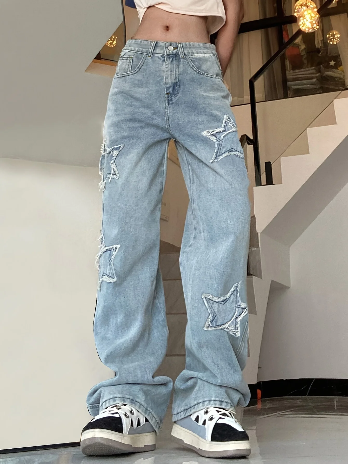 Blue Star Shape Patchwork Straight Jeans, Loose Fit Slant Pockets Non-Stretch Denim Pants, Women's Denim Jeans & Clothing - Deanwangkt