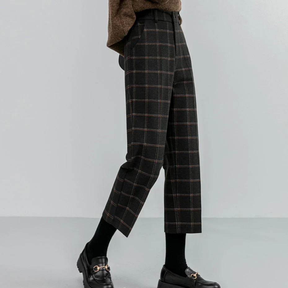 Amozae  Graduation Gifts Chic Woolen Plaid Autumn Winter Women's High Waist Formal Straight Pants Loose Ankle-Length Pants Female Boots Pants Plus Size - Deanwangkt