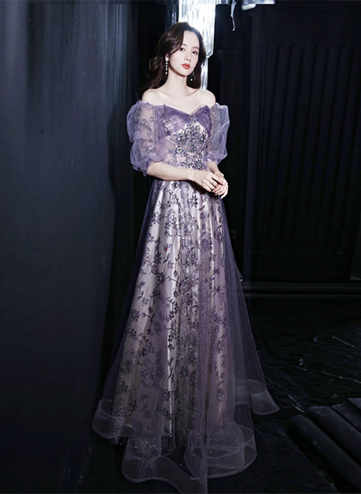 Solvbao Purple A-line Tulle Long Party Dress, Purple Lace Short Sleeves Formal Dress - Deanwangkt
