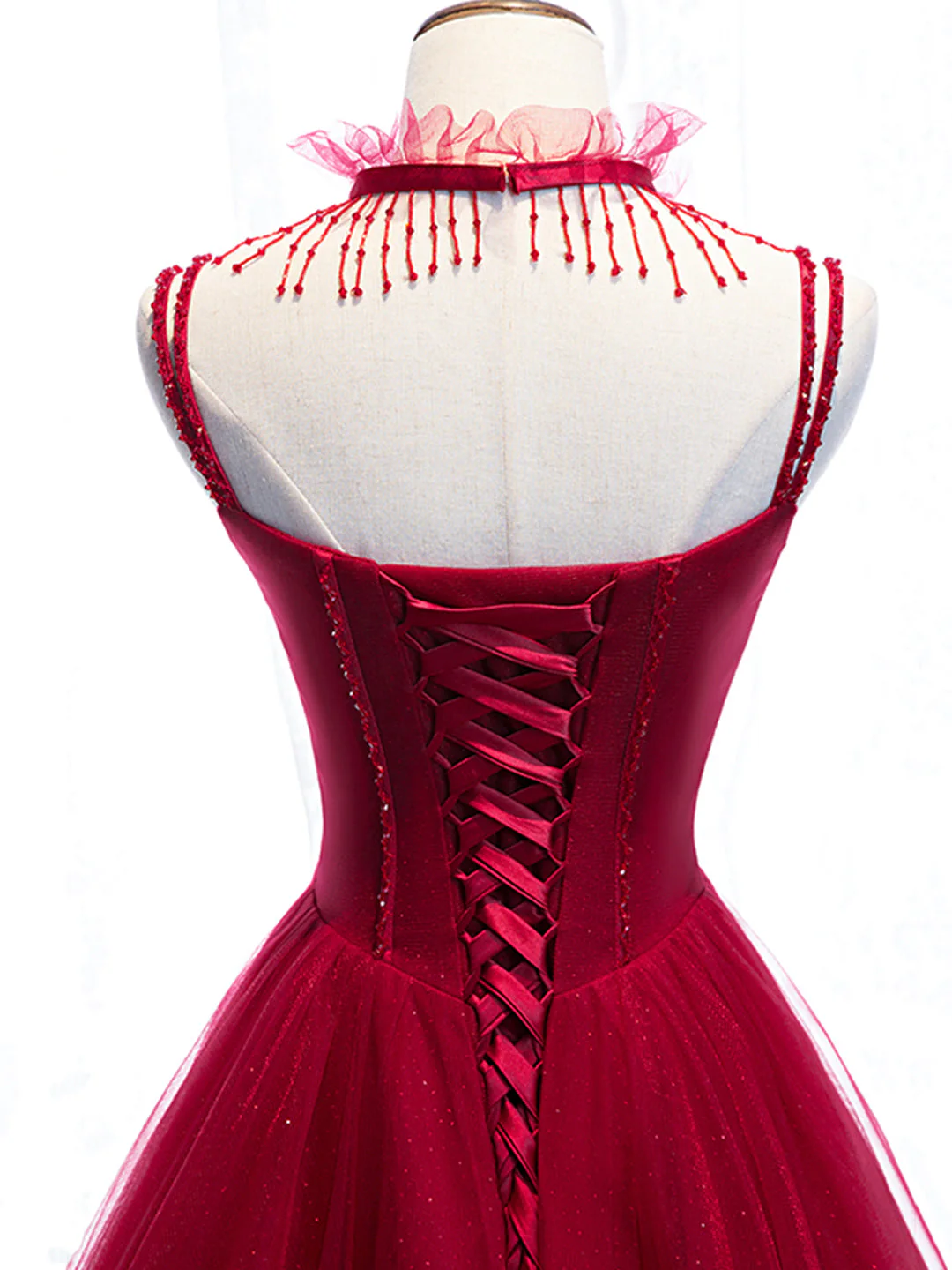 solvbao Red Spaghetti Strap Tulle Party Dress, Red Floor Length Prom Dress - Deanwangkt