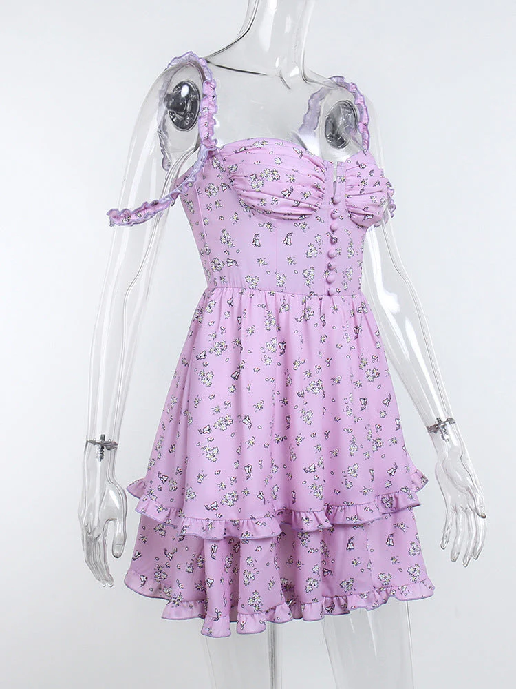 deanwangkt Forefair Floral Print Corset Spaghetti Strap Dresses Women Sexy Backless Spring Summer Ruffle Casual Vintage Mini Dress  Summer Fairy Dress - Deanwangkt
