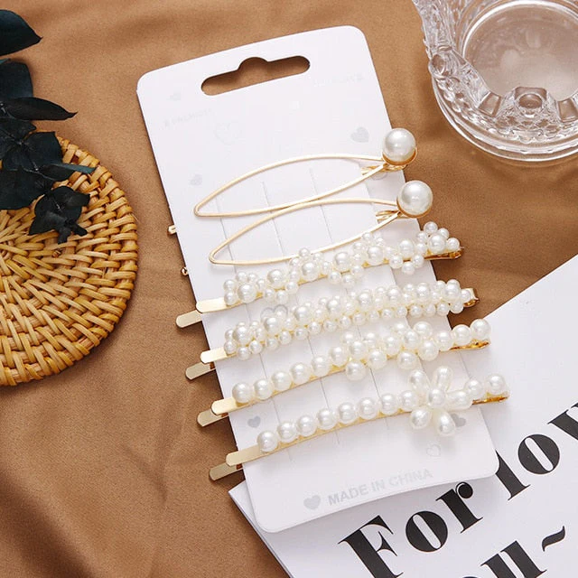 3/4/5pcs/Set Women Girls Elegant Full Pearls Geometric Hair Clips Sweet Hair Ornament Hairpin Barrette Headband Hair Accessories - Deanwangkt