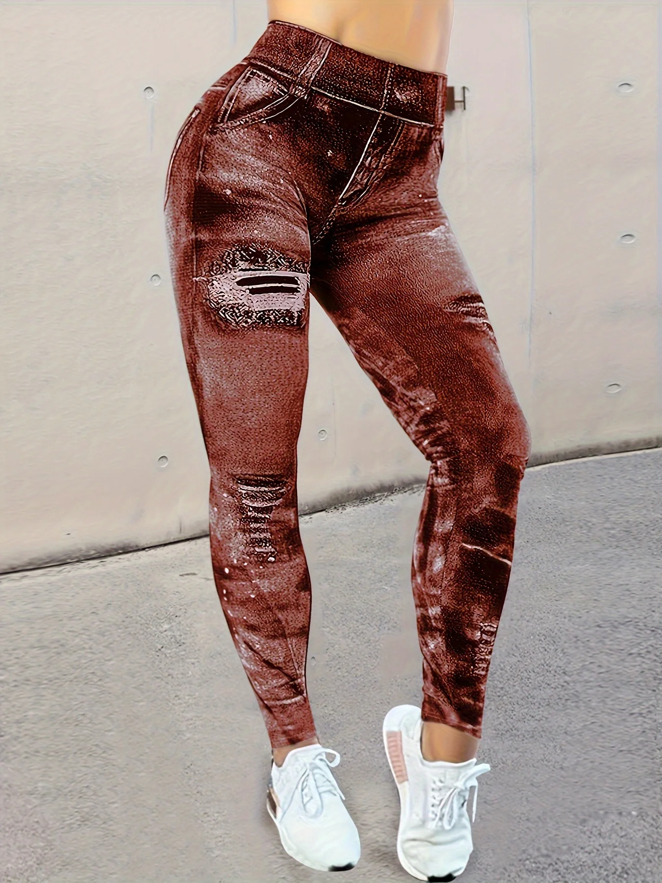 deanwangkt Faux Denim Stretch Sports Leggings, Tummy Control Butt Lifting Workout Running Yoga Tight Pants, Women's Activewear - Deanwangkt