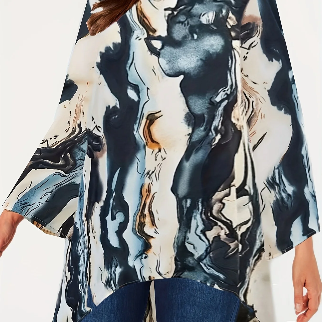 Women's Plus Size Chiffon Graphic Print High Low Hem Shirt, Retro Style Crew Neck Geometric-pattern Top - Deanwangkt