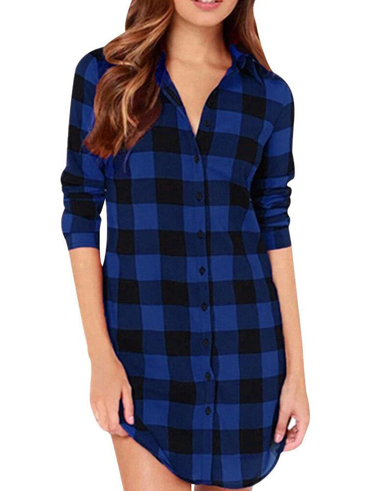 deanwangkt Women Plaid Casual Loose Fit Simple Long Sleeve Shirt - Deanwangkt