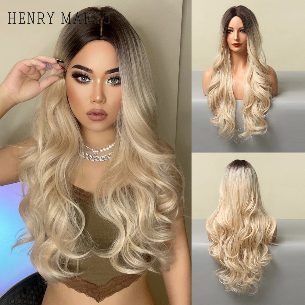 Long Ombre Brown Light Ash Platinum Blonde Wavy Wigs Cosplay Party Synthetic Wig for Women High Temperature Fibre - Deanwangkt