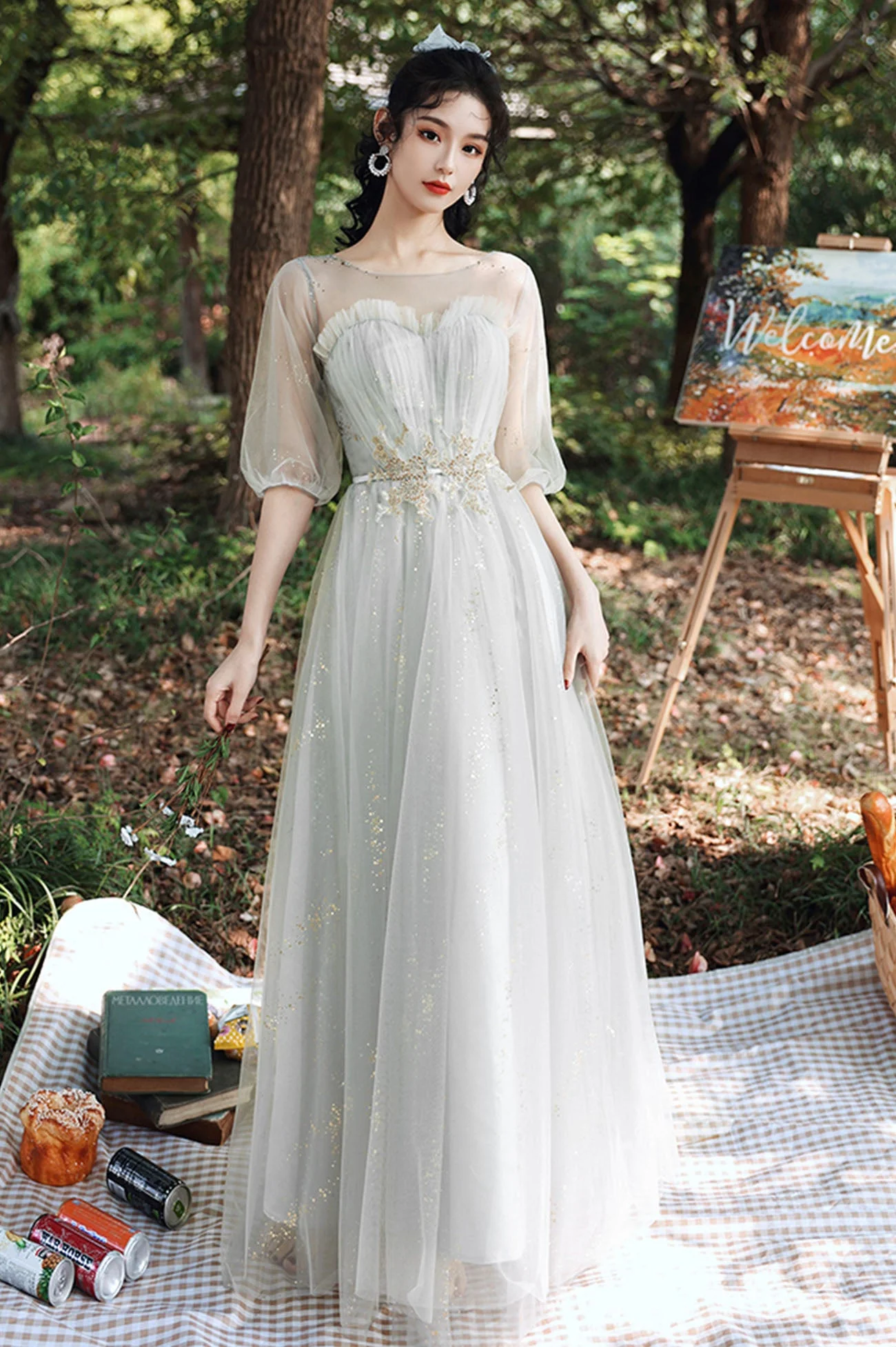 solvbao Gray Tulle Lace Long A-Line Prom Dresses, Gray Tulle Bridesmaid Dresses - Deanwangkt