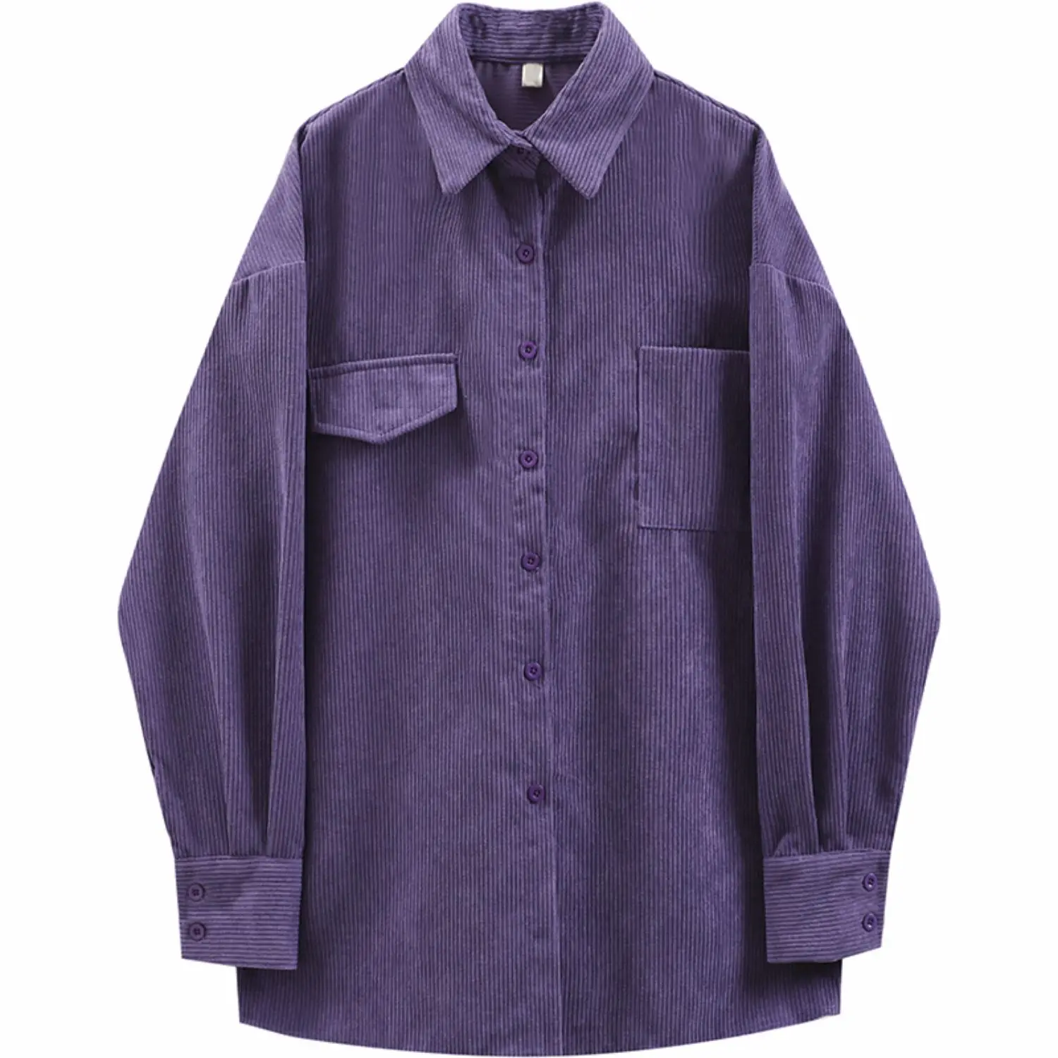 deanwangkt Corduroy Purple Top Button Up Women Shirts Long Sleeve Turn Down Collar Oversized Loose Outerwear Spring Blouse - Deanwangkt