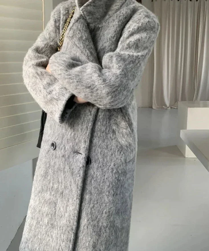 deanwangkt Mohair Long Wool Coat Women Autumn Winter New Long Sleeve Thicken Jacket Vintage Double Breasted Loose Chic Coats - Deanwangkt
