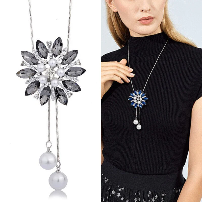 DEANWANGKT Sunflower Crystal Pendant Necklace Women Fashion Blue White Rhinestone Long Chain Necklaces & Pendants Jewelry - Deanwangkt