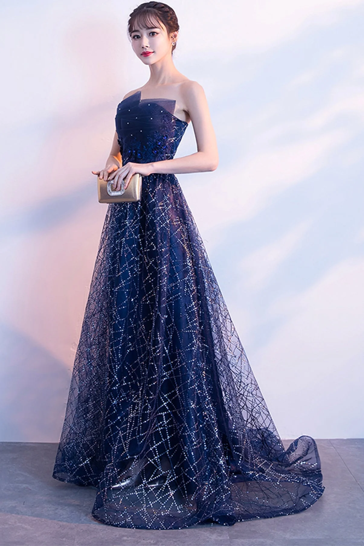 solvbao Blue Tulle Sequins Long Prom Dresses, A-Line Strapless Evening Dresses - Deanwangkt