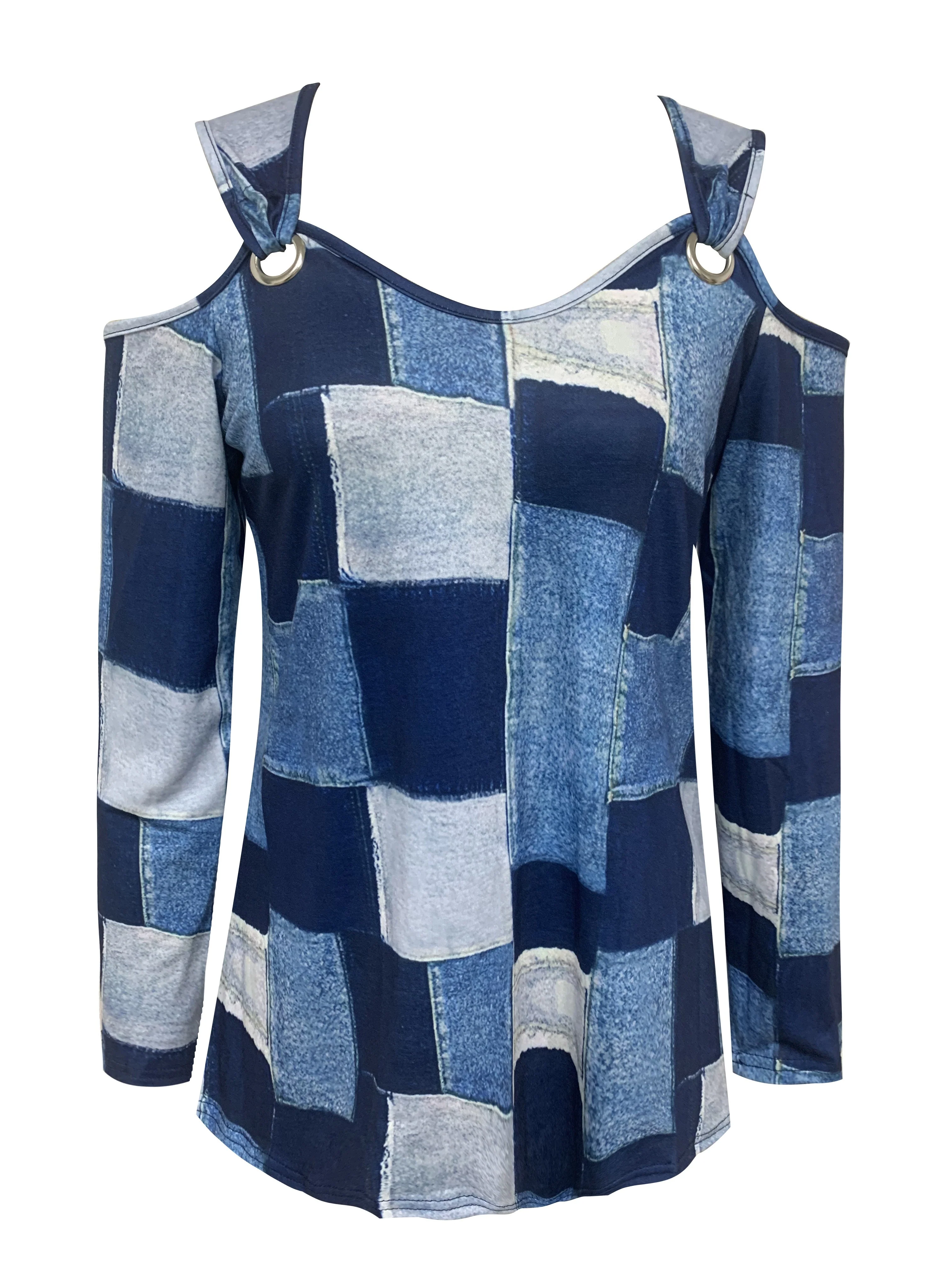 Patchwork Print Cold Shoulder T-Shirt, Casual Long Sleeve Top For Spring & Fall, Women's Clothing - Deanwangkt
