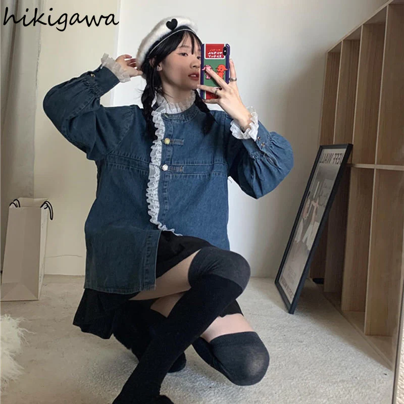 deanwangkt Denim Shirt Coat Women Sweet Lace Ruffles Loose Casual Blouses  Ropa Mujer Fashion Korean Blouses Tops Y2k Clothes - Deanwangkt