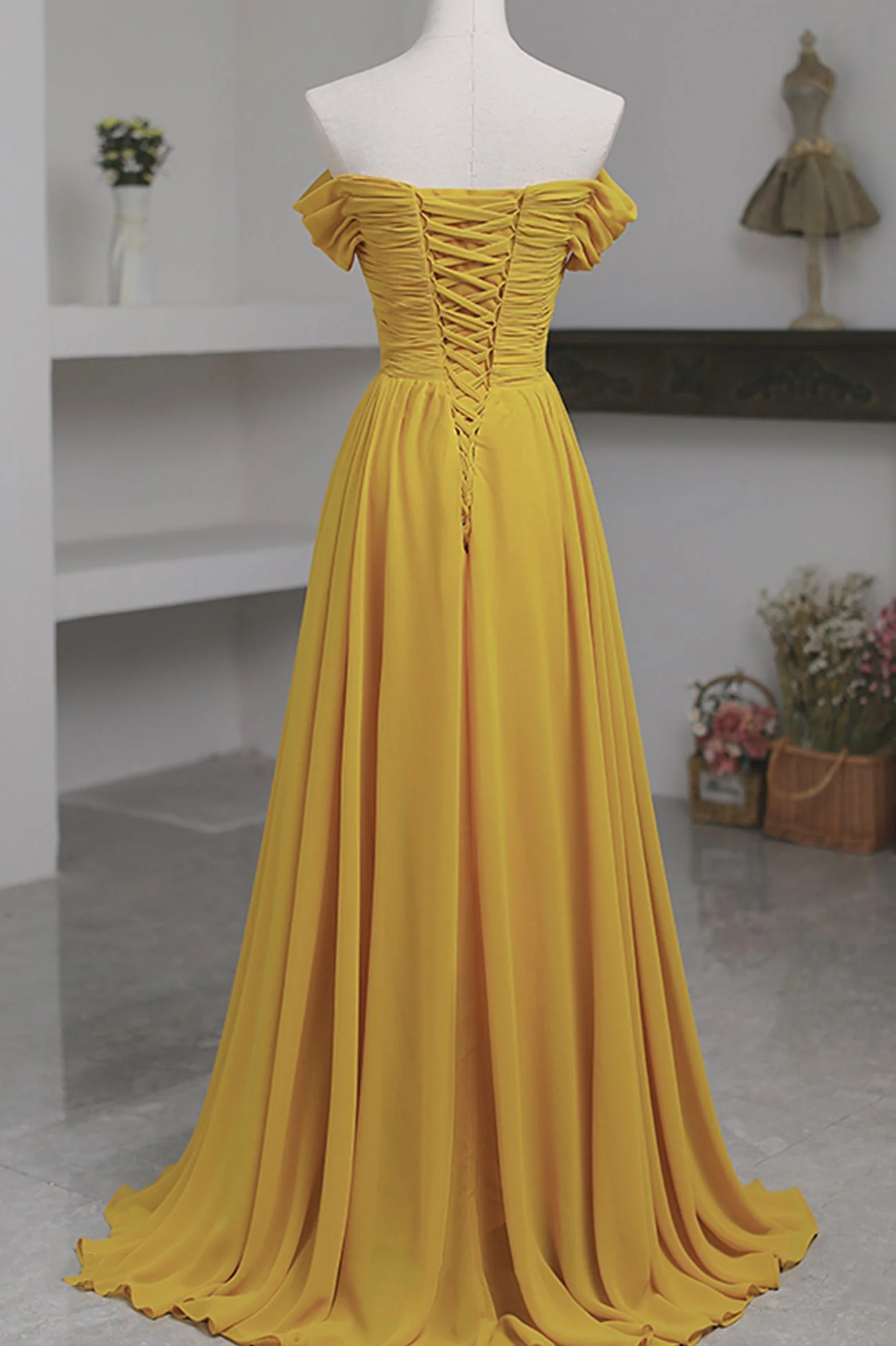 solvbao Yellow Chiffon Long Prom Dress, A-Line Off the Shoulder Evening Dress - Deanwangkt