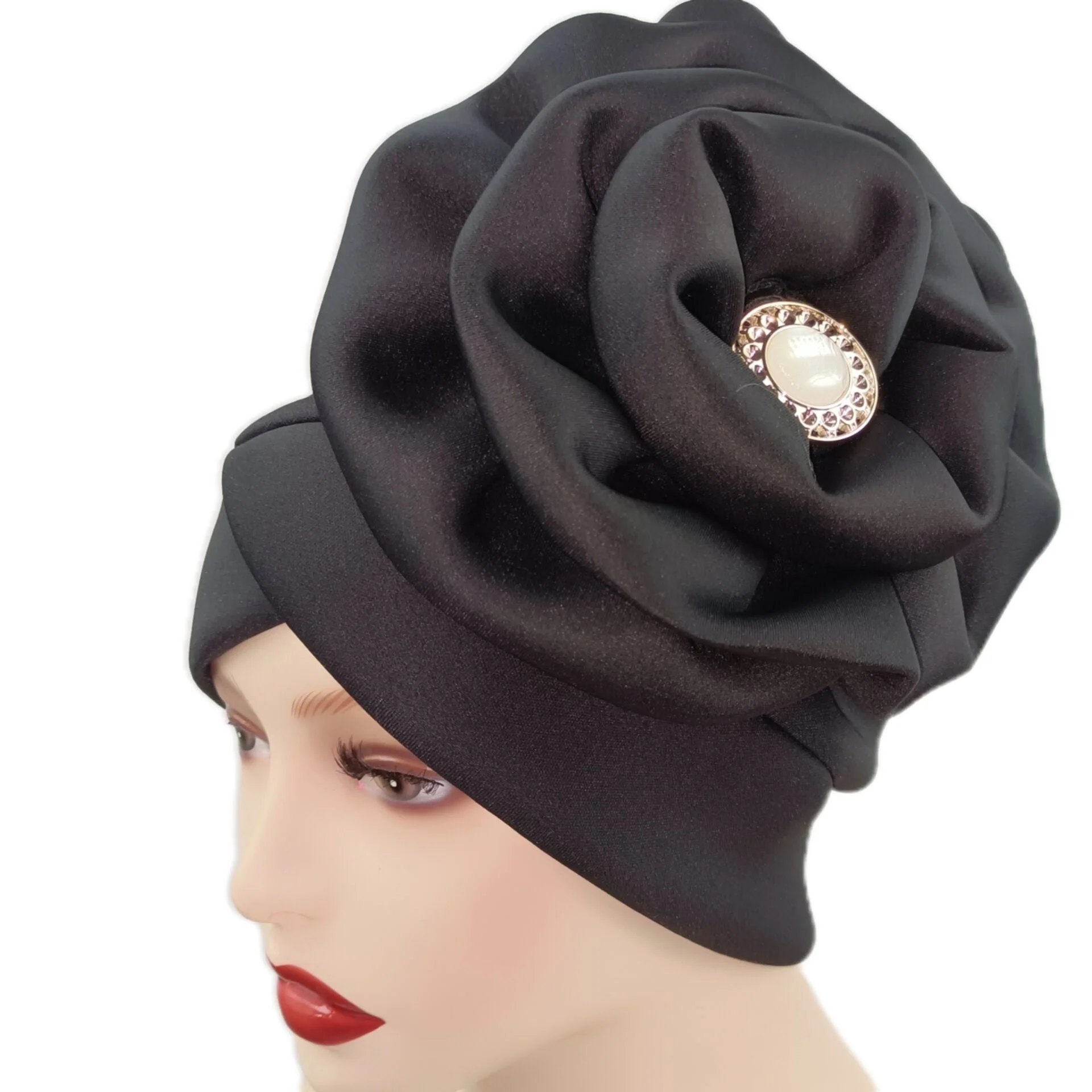 deanwangkt Solid African turban big flower design headtie cap for fashion women headwrap with badge - Deanwangkt