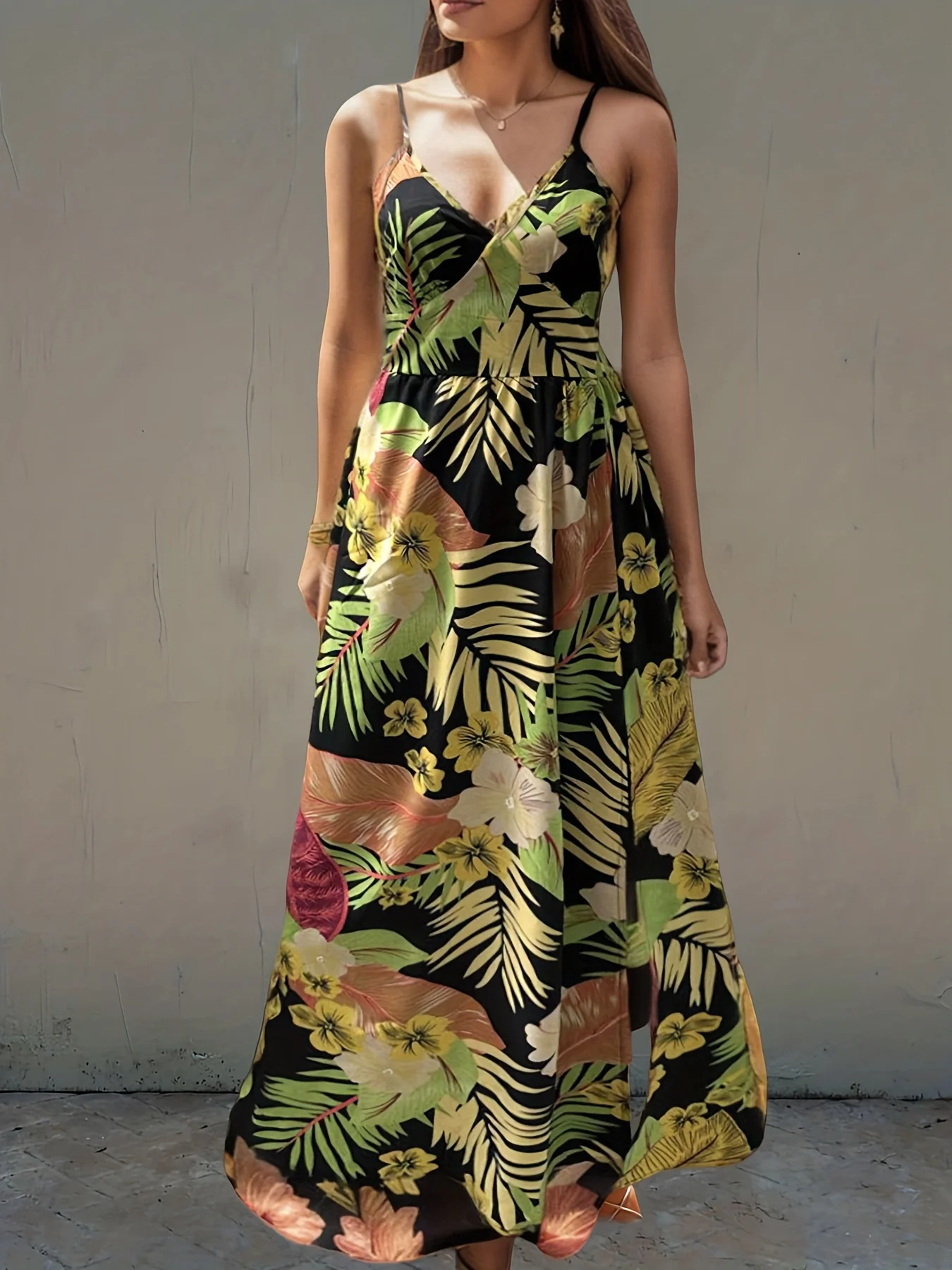 Tropical Print Cami Dress, Vacation Split Thigh Sleeveless Summer Maxi Dress, Women's Clothing - Deanwangkt