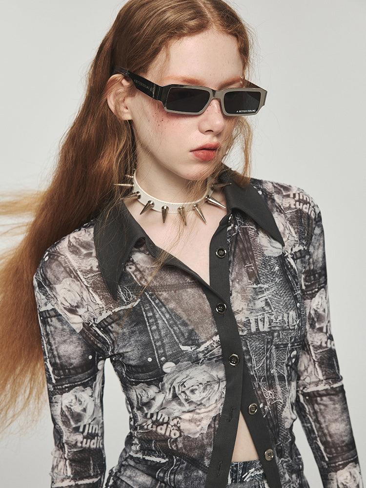 deanwangkt Mid-length Printed Mesh Pleated Waist Shirt - Deanwangkt