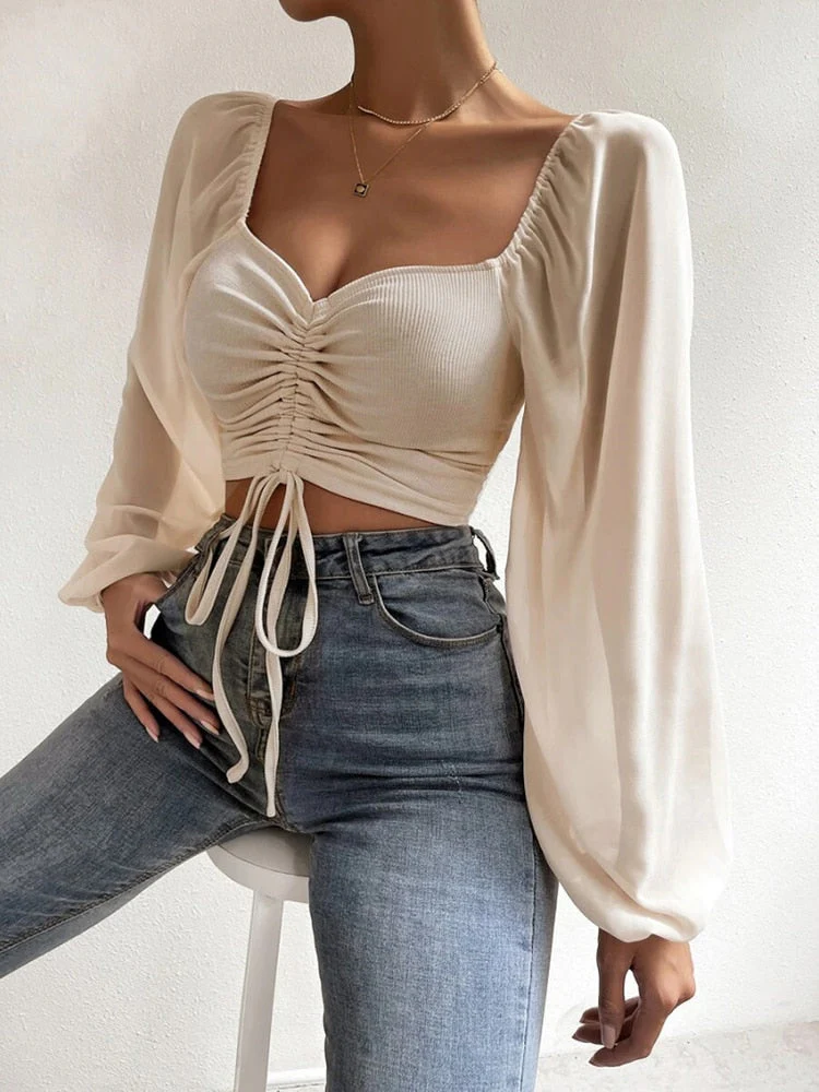 deanwangkt Women Sexy Crop Tops Fashion V-neck Off Shoulder Blouses Summer Drawstring Chiffon Long Sleeve Top Fall New Ladies Short Clothes - Deanwangkt