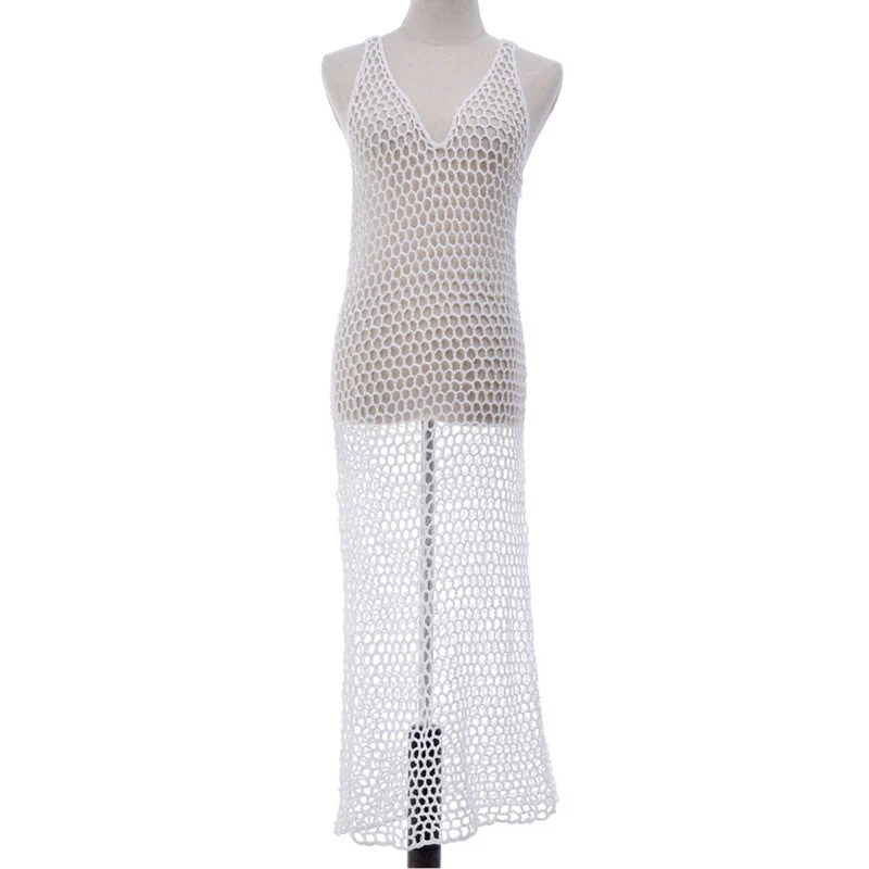 deanwangkt  Women Hand Knitting Net Bikini Cover up  Summer Backless Beachwear Pareo Sexy Beach Cover-up Hollow out Long Beach Dress - Deanwangkt