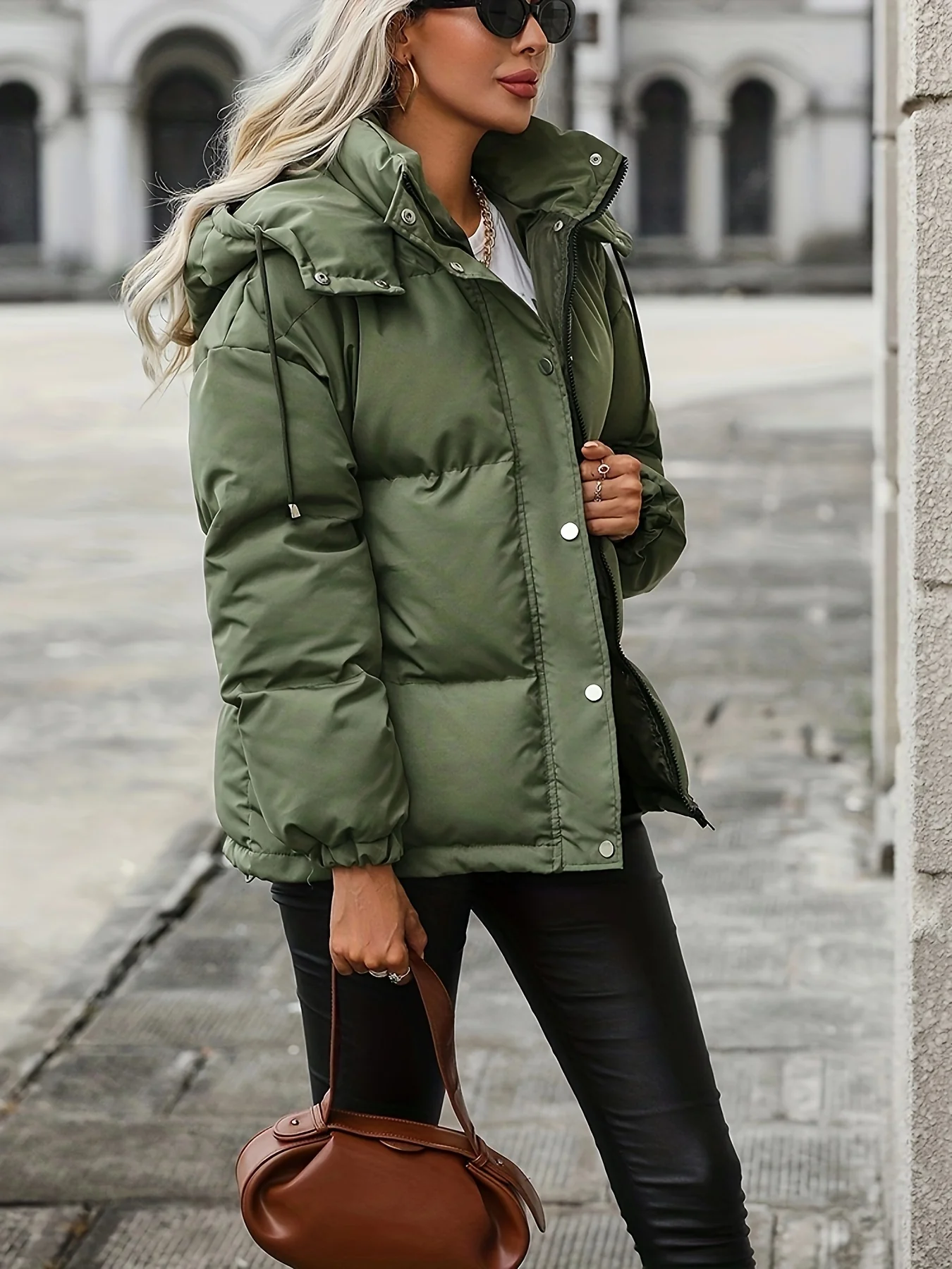 Drawstring Warm Hooded Coat, Casual Solid Zip Up Long Sleeve Outerwear, Women's Clothing - Deanwangkt