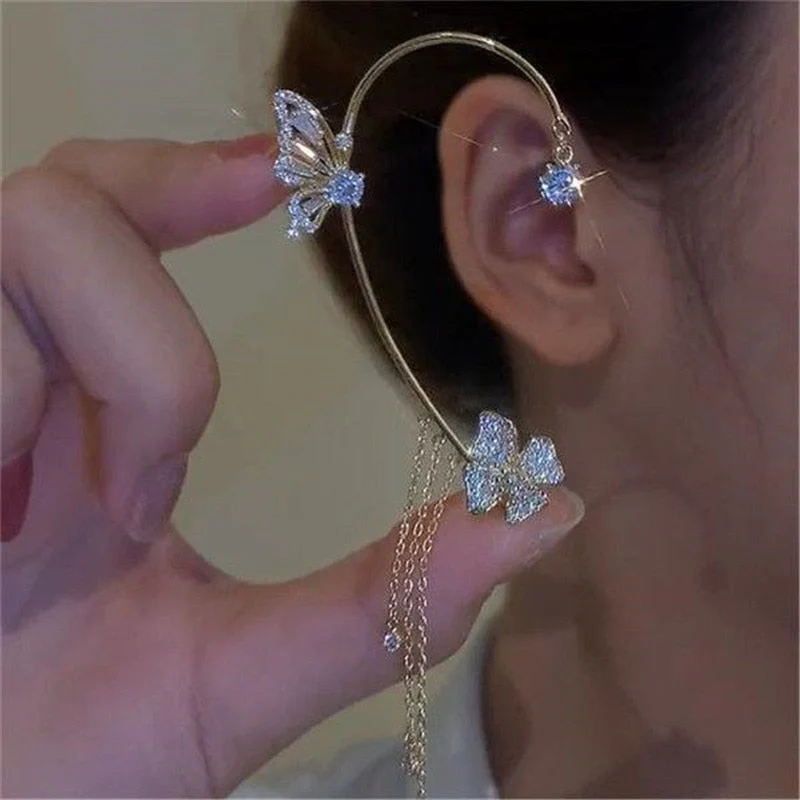 Korean Fashion Zircon Butterfly Elf Ear Cuff for Women Sparkling Zircon Crystal Without Piercing Clip Earrings Wedding Jewelry - Deanwangkt
