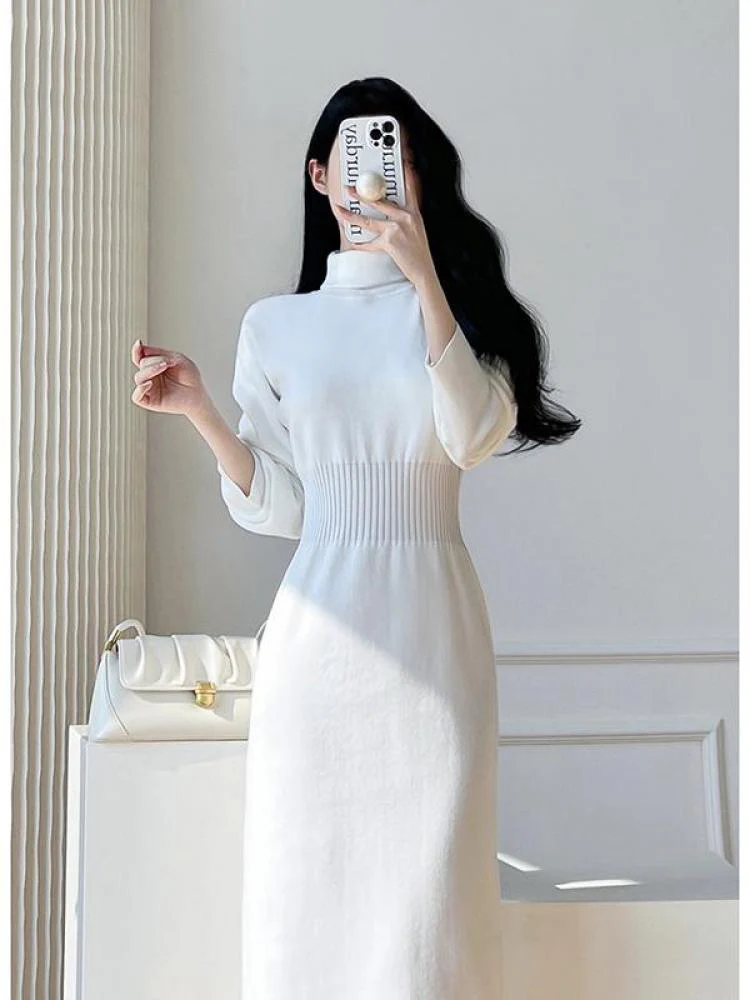 deanwangkt Korean White Fashions High Neck Knitted Warm Sweater Dress Autumn Winter Female Black Classy Retro Slim Waist Long Dress Simple - Deanwangkt
