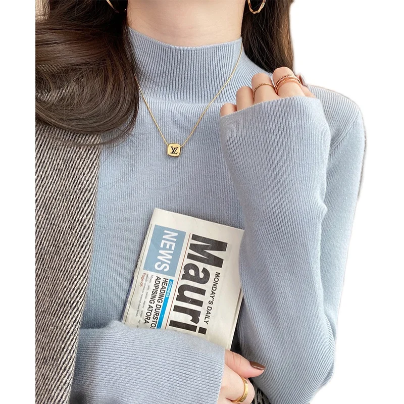 deanwangkt Autumn Winter Women Mock neck Sweaters Pullover Tops Knitwear Fashion Female Long Sleeve Skinny Elastic Casual Knitted Shirts - Deanwangkt