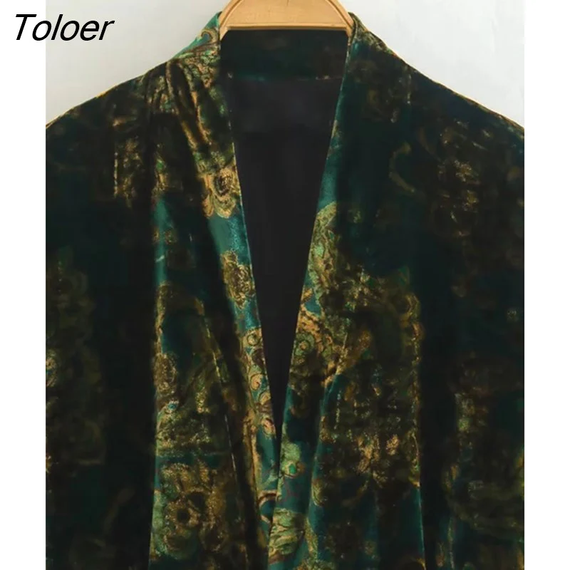 deanwangkt Women Vintage Paisley Floral Print Velvet Dress Female Short Sleeve With Belt Kimono Blouse - Deanwangkt